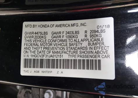 2018 Honda Accord Sport 2.0T из США, поврежденный, VIN 1HGCV2F31JA012151